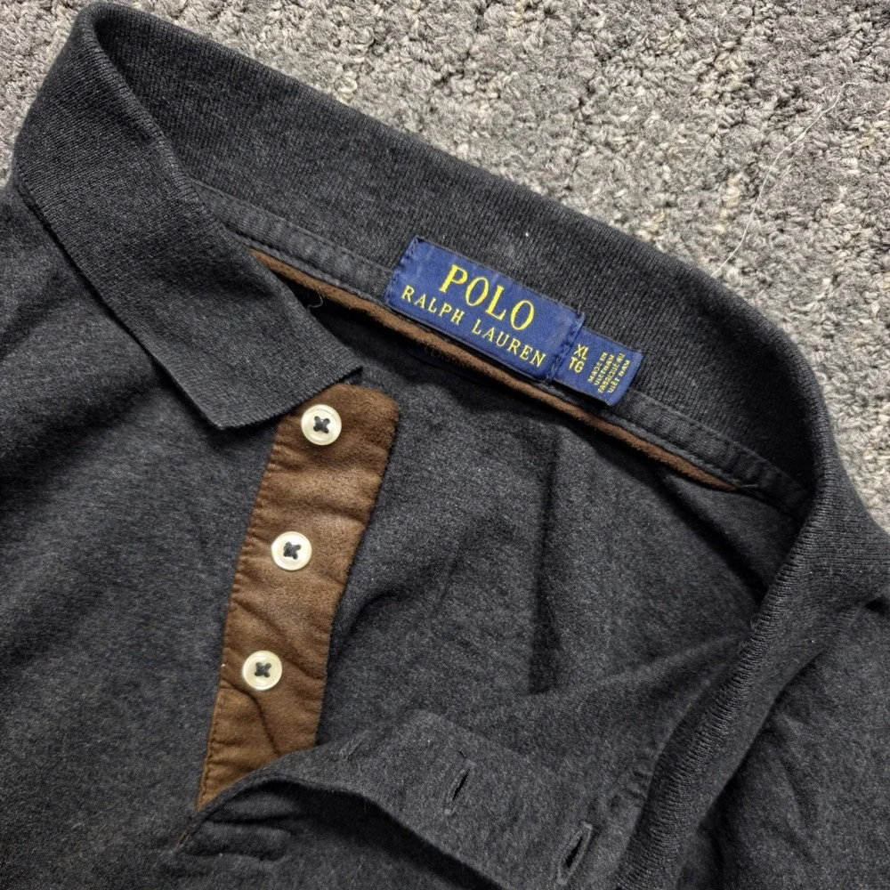Polo Ralph Lauren Mens Long Sleeve Polo Shirt XL Gray Suede Trim Placket Classic